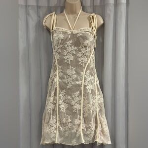 Cider Lace Square Neck Floral Embroidery Knotted Mini Dress
